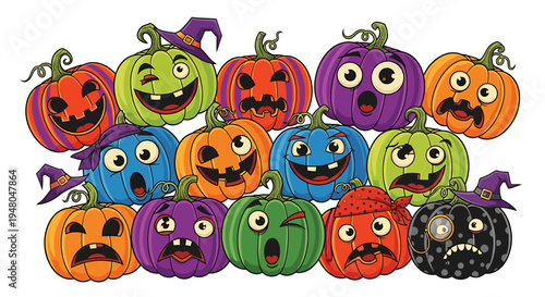 A vibrant and spooky collection of cartoon-style pumpkins with various expressive faces, perfect for Halloween decorations and festive designs