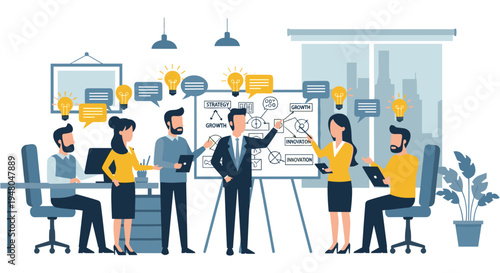 Business team brainstorming in modern office with yellow lightbulbs and whiteboard in minimalist flat design for corporate presentation