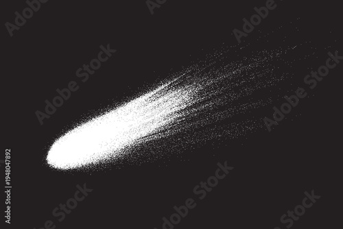 Realistic comet vector background. Sharp white nucleus and a distinct tail made of fine white lines and dots against.