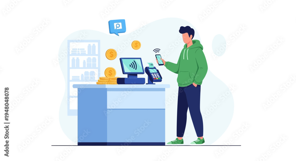 Fototapeta premium Customer paying with smartphone at checkout counter using contactless payment technology
