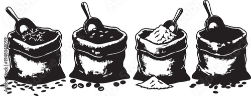 Artistic set of rice plant illustrations and cereal grain symbols in an elegant line art style for agricultural and culinary branding.