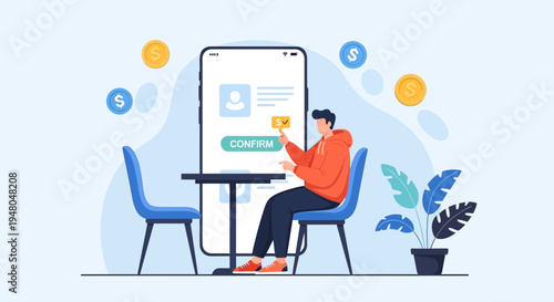 Man confirming online payment on smartphone at table with coins and plant