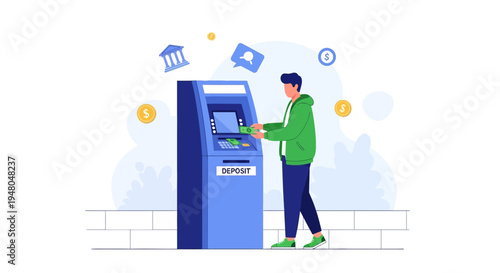Man depositing cash at ATM machine, financial transaction, banking service, modern technology