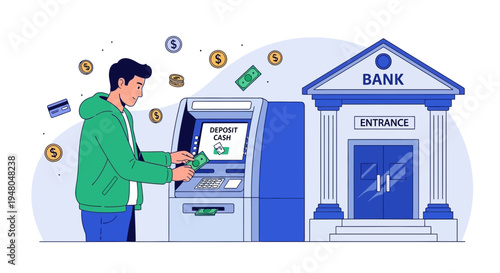 Man depositing cash at ATM outside bank building, financial transaction concept