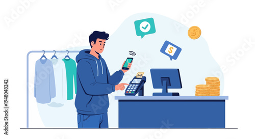 Man making contactless payment with smartphone at checkout counter in clothing store