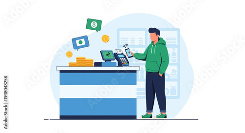 Man making contactless payment with smartphone at checkout counter in store