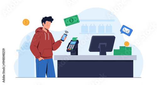 Man making contactless payment with smartphone at checkout counter, money transaction concept