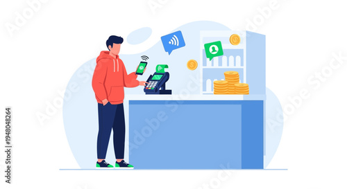 Man making contactless payment with smartphone at checkout counter, modern shopping