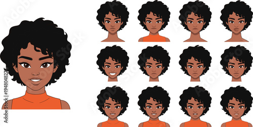 Black Woman Avatar Character Face Expression Set with Different Emotions Cartoon Portrait Collection for Animation UI and Design