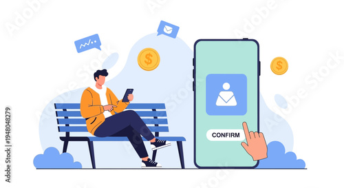 Man on bench uses smartphone, confirming profile on app with finger tap on screen