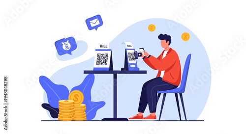 Man paying bill via mobile phone scanning QR code at restaurant table