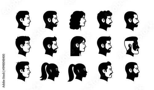 Human profile silhouette collection diverse male and female side face vector icons isolated on white background