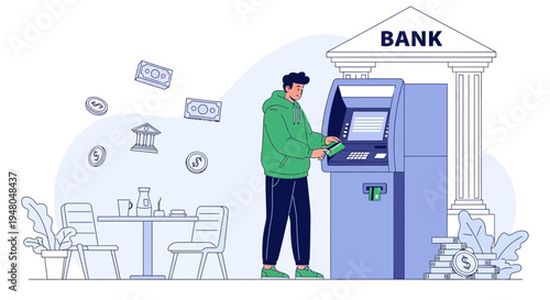 Man using ATM at bank, withdrawing cash, financial transaction, modern banking concept