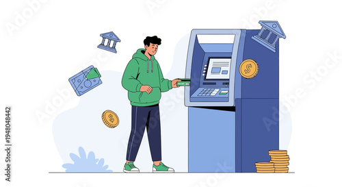 Man using ATM for banking transaction, financial services, digital payment, money withdrawal