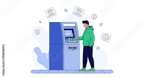 Man using ATM for cash withdrawal, financial transaction, modern banking concept