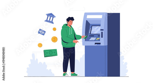 Man using ATM for cash withdrawal, banking and financial transaction concept