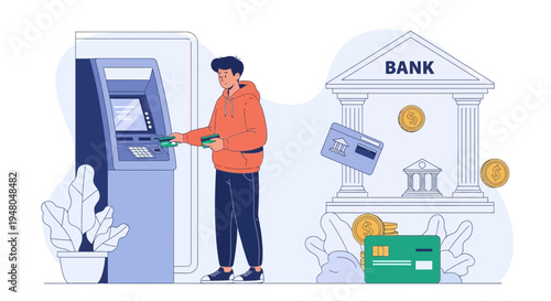 Man using ATM for cash withdrawal at bank with credit cards and coins
