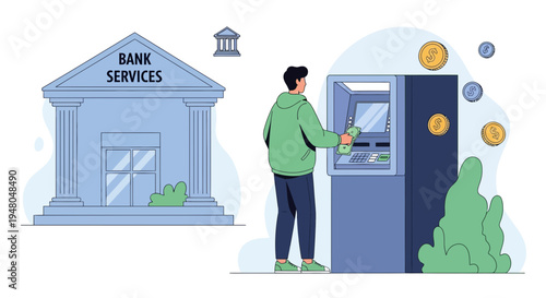 Man using ATM outside bank building, financial services, cash withdrawal, modern banking concept