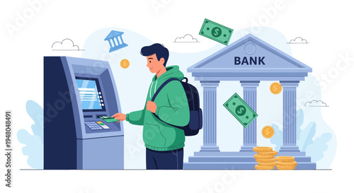 Man using ATM outside bank with money flying around, financial concept