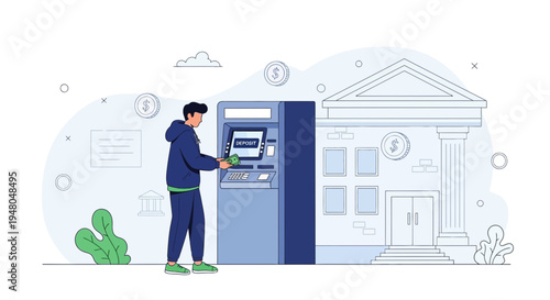 Man using ATM outside bank, financial transaction, modern banking concept