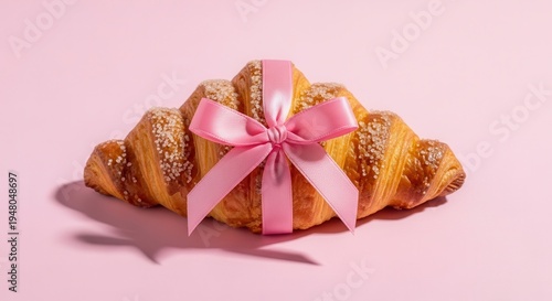 A delicious breakfast croissant with pink ribbon on a pastel background