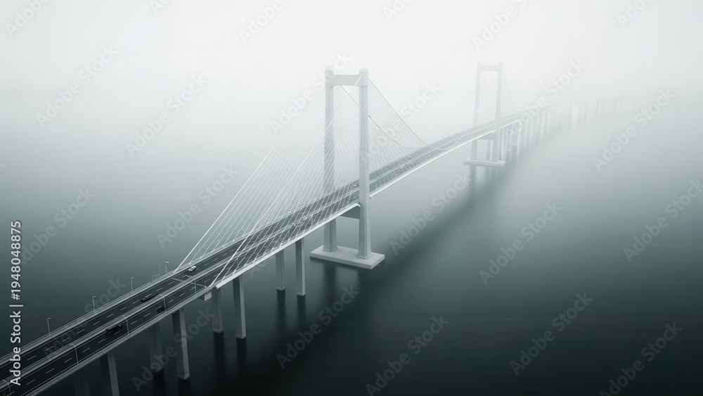 Obraz premium A large suspension bridge stretches across a body of water on a foggy day