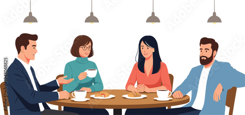 Friends meeting at cafe drinking coffee and talking together flat vector illustration of people socializing in restaurant isolated on white