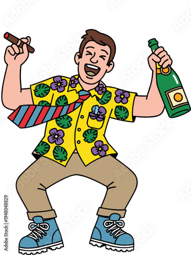 Funny drunk man cartoon character holding bottle and cigar partying celebration humor vector illustration isolated
