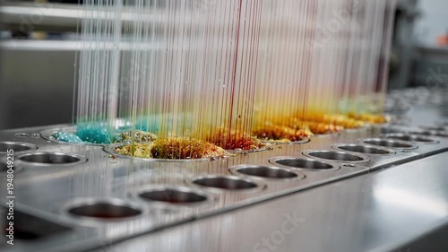 Close medium shot capturing the bright polyester staple fiber extrusion with vibrant glossy filaments emerging steadily from spinneret holes under controlled factory lighting.