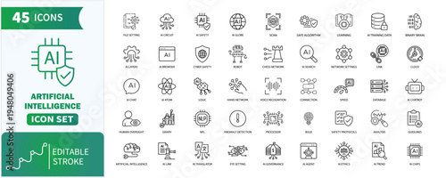 Artificial intelligence technology concept with digital, machine learning, data, computer science, computing, internet, brain. stroke editable icons