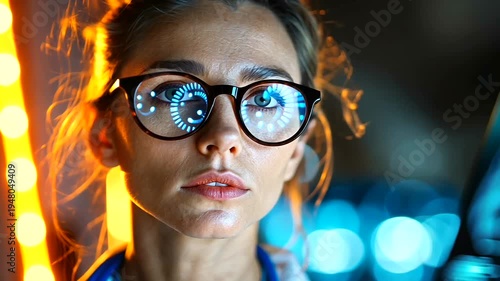 Woman wearing futuristic glasses with technology reflection.