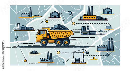 A detailed illustration of an industrial supply chain network with a dump truck transporting raw materials between factories and construction sites on a map.