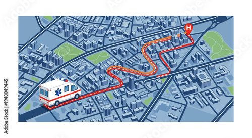 An ambulance driving on a detailed city map, following a red dashed route to a hospital marked with an 'H', illustrating emergency medical transport and urban navigation.