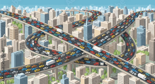 Multi Level Highway Interchange with Traffic.