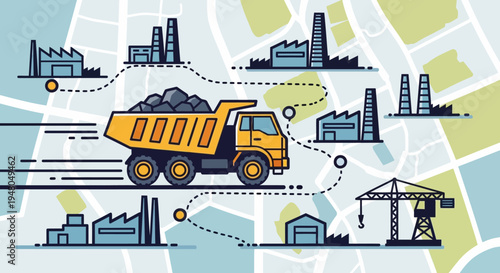 Industrial logistics network showing a dump truck transporting materials between various factories and construction sites on a map.