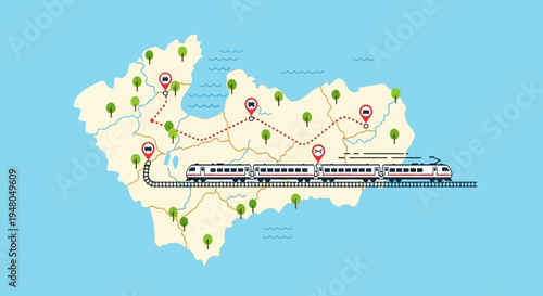 Detailed map showing a high-speed train route connecting multiple stations across a green landscape with rivers.