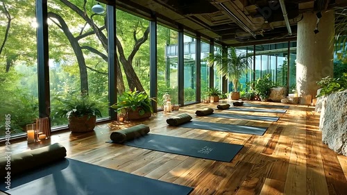 yoga studio with blue mats and plants.