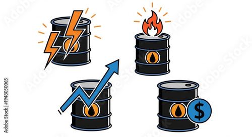 Oil Barrel Icons Depicting Energy, Price Increase, and Financial Value.