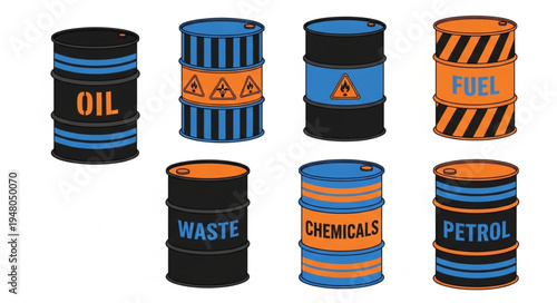 Collection of colorful barrels with different hazardous materials.