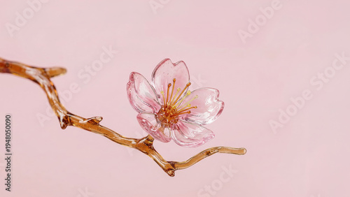 Cherry blossom flower on a glossy candy branch against soft pink background, minimal spring confectionery concept, delicate sweet design, springtime.