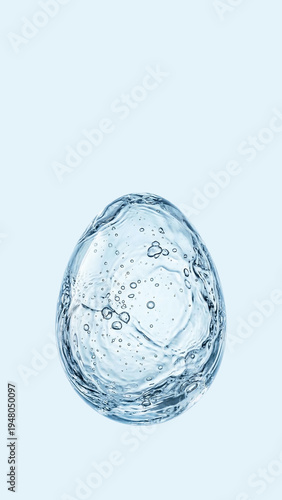 Egg shape formed by clear water splash with bubbles on light background, minimal liquid nature concept, purity and freshness idea, Easter.