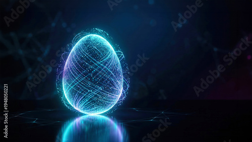 Glowing digital egg made of neon lines and network grid on dark background, futuristic technology concept, innovation and artificial intelligence theme, Easter.