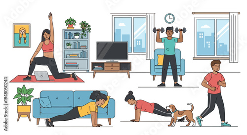 People Exercising at Home with Pets.