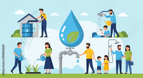 People Conserving Water in Daily Life.