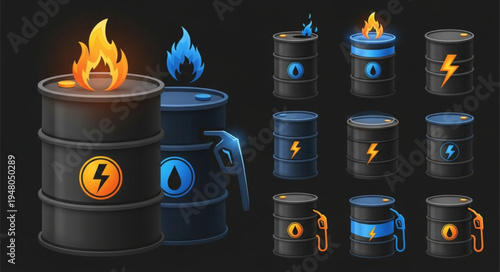 Collection of stylized oil barrels with flames and energy symbols.