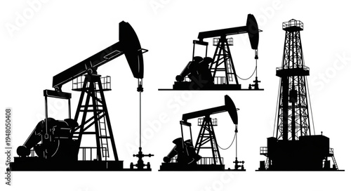 Silhouette of Oil Rigs and Pumpjacks Against a White Background.