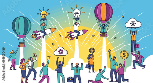 People Launching Ideas with Creative Objects.