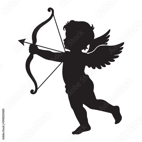 Silhouette of Cupid Arching a Bow with Winged Arrow.