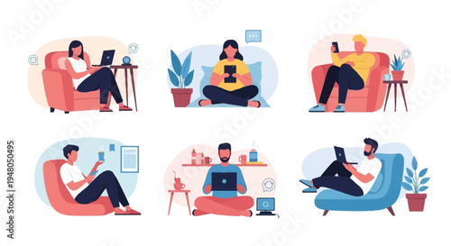 People Relaxing on Sofas with Laptops and Tablets.