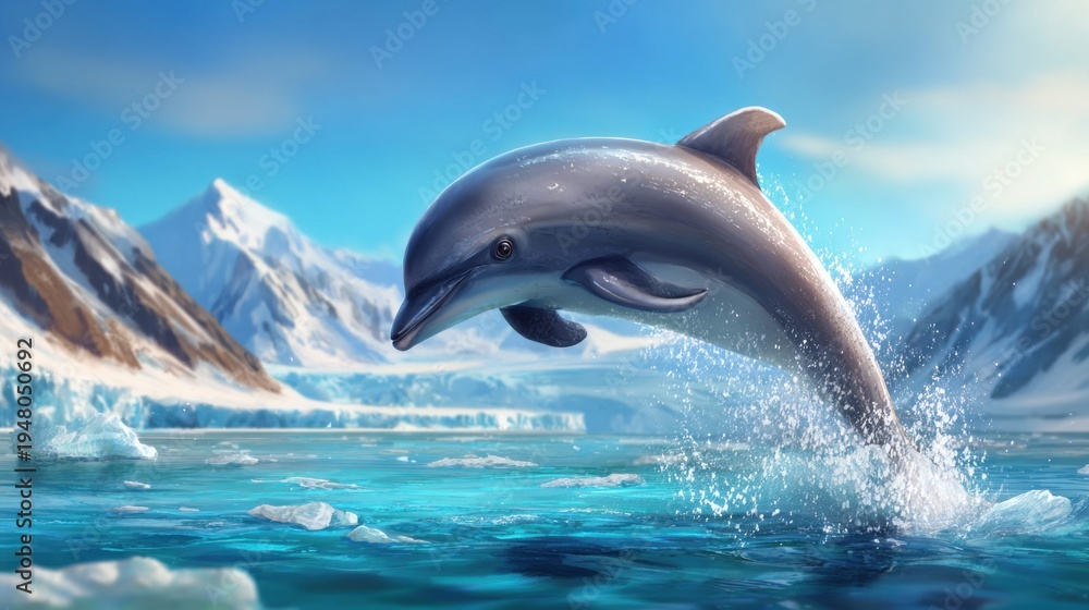 Fototapeta premium Majestic dolphin leaps from icy arctic waters with snow-capped mountains in the background